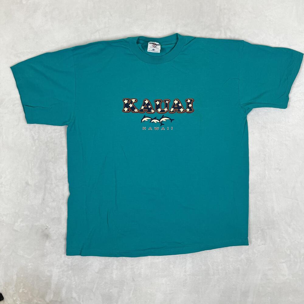 Vintage Kauai Hawaii T-Shirt Mens XL Blue Jerzees Dolphins Graphic Souvenir Tee